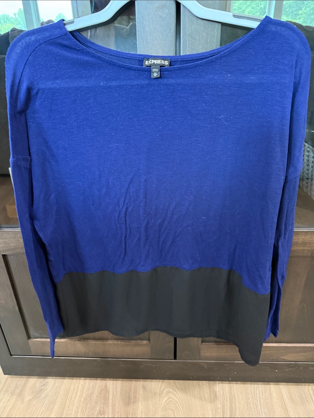 Express Blue and Black Long Sleeve Colorblock Top